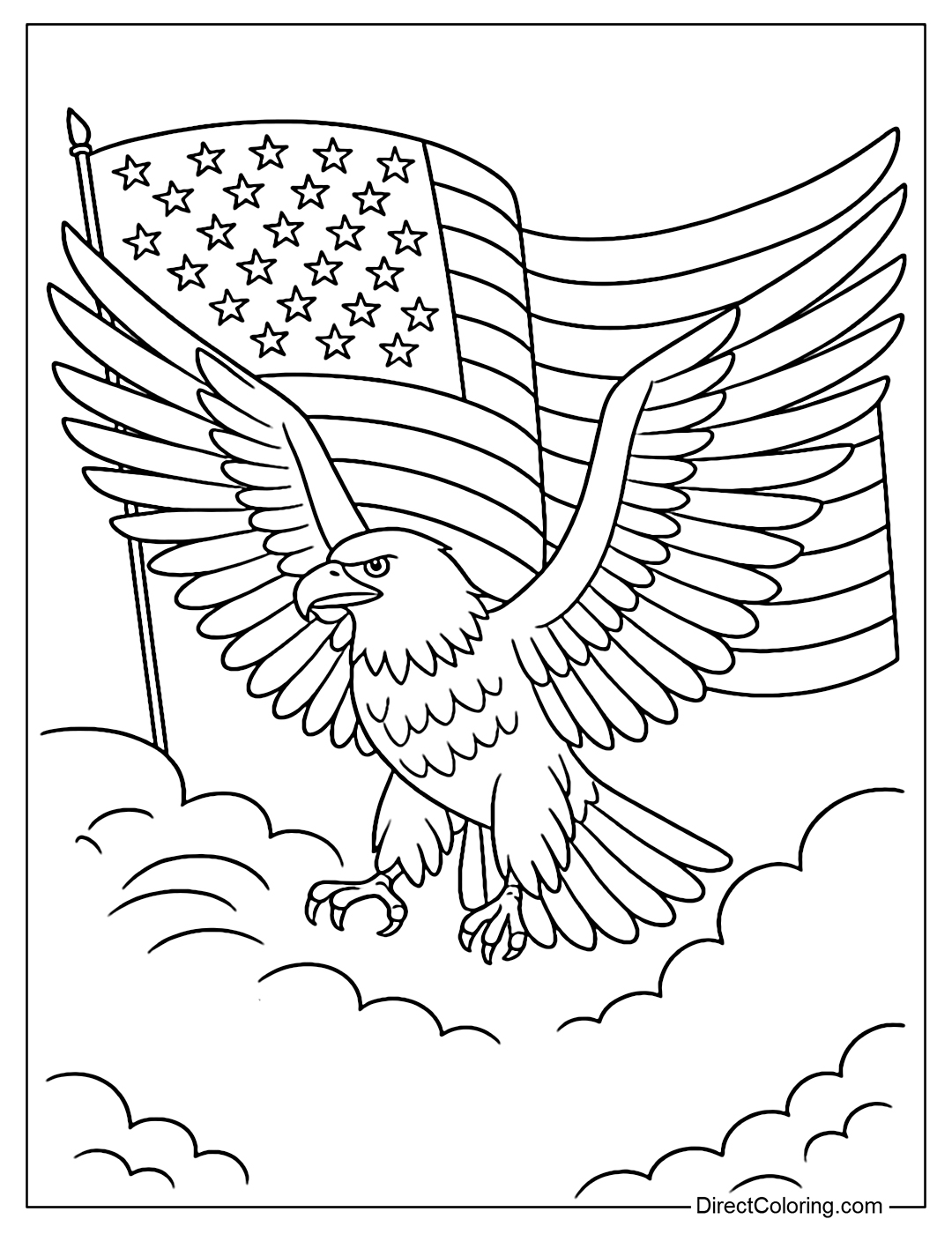Coloring page of the American flag flying with a bald eagle spreading its wings.